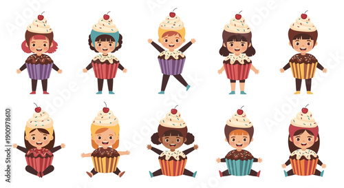Cartoon children standing in rows wearing cupcake hats, colorful clothing, and playful poses in a white environment from a front viewpoint