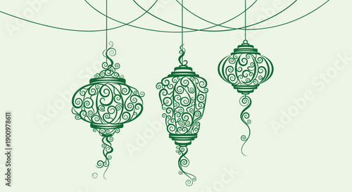Elegant green ornate Islamic lanterns hanging decoratively, featuring intricate scrollwork patterns on a light background, evoking a traditional festive and serene mood for