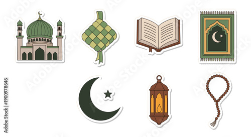 Vibrant collection of colorful Islamic religious symbols and cultural objects presented as cheerful outline stickers on a clean white background, perfect for educational and