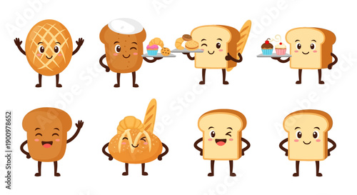 Assorted cartoon bread characters with different toppings and fillings in a playful illustration style