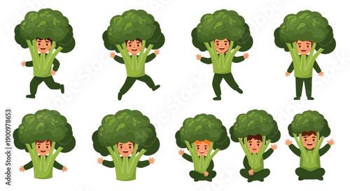 Cartoon broccoli characters dancing in various poses on a plain background in an animated scene