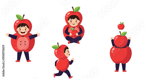Children dressed as apples in various playful poses with dynamic movements and vibrant red costumes