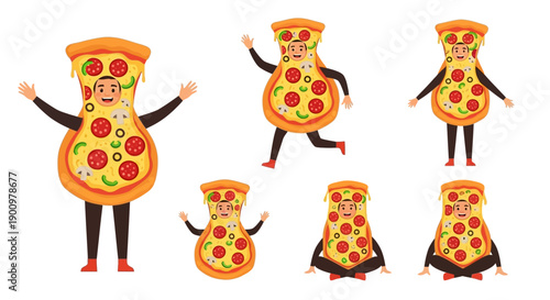 People wearing pizza costumes in various dynamic poses and movements, full-body illustrations, white background, vector graphics