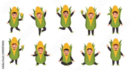 Illustrations of people in asparagus costumes performing various yoga poses and actions from different viewpoints in a studio setting