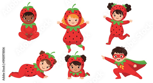 Children in strawberry costumes playing and jumping in various dynamic poses on a plain white background