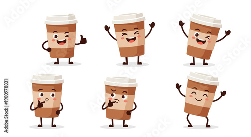 Six cartoon coffee cups with different facial expressions and poses, showcasing various emotions in a playful illustration.
