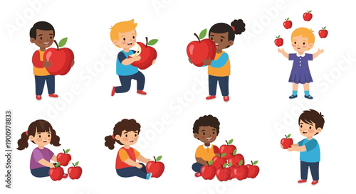 Children happily holding and playing with apples in a vibrant playful scene