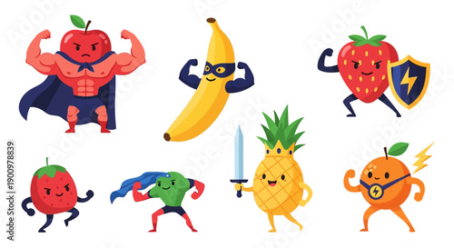Vibrant cartoon fruits with superhero personas in dynamic poses