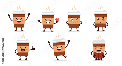 Cartoon coffee cups dancing and having fun in various poses and expressions, showcasing different emotions and actions in a lively illustration