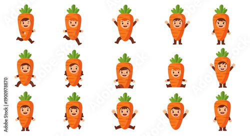 A grid of cartoon carrots with various poses and facial expressions, arranged in a playful illustration