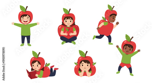 Children dressed as apples playing and having fun together in various playful poses and dynamic movements