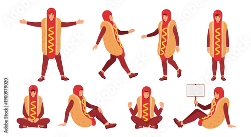Illustration of hot dog character performing various yoga poses and actions in a minimalist style