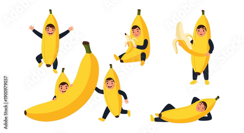 Illustration of anthropomorphic bananas in various dynamic poses, showcasing whimsy and playfulness in a minimalist white background from a frontal viewpoint.