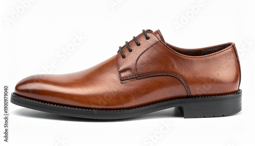 Brown leather dress shoe with sturdy sole, isolated on white, side view, elegant and stylish male fashion