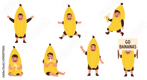 People dressed in banana costumes performing various actions and holding a sign that says GO BANANAS in a playful setting