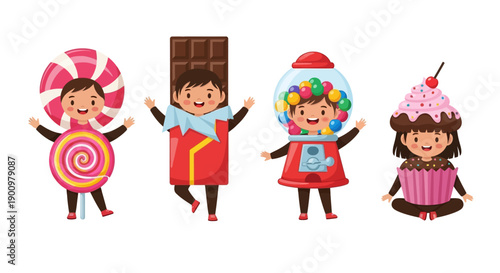 Children in colorful candy costumes standing in a row with joyful expressions and festive accessories.