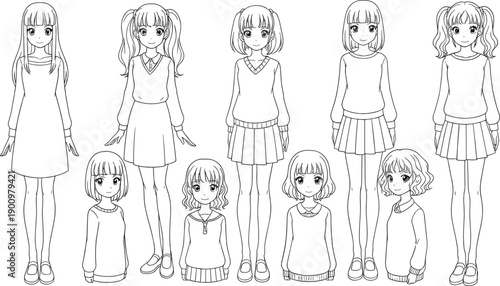 SEO Optimized Title Black and white line art collection of anime school girl characters in various outfits and hairstyles for coloring book digital stamps and manga drawing practice
