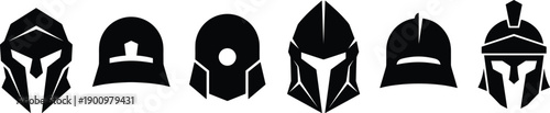 Ancient warrior helmet silhouette icon set featuring Spartan, Roman, and medieval battle headgear designs representing history, combat, protection, and warrior culture concepts isolated on white