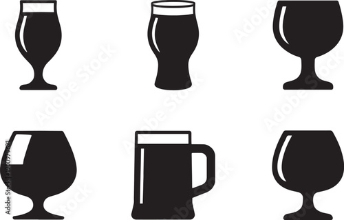 Beer, wine glasses and mugs black silhouette set, bar drink icons isolated for design use.