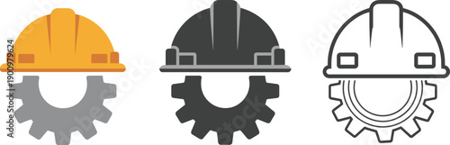 Construction helmet and gear icon set representing engineering, industry, safety, maintenance, and industrial work concepts in flat, solid, and outline styles isolated on white