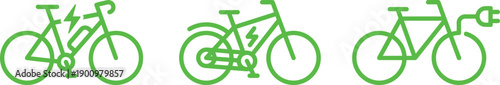 Electric bicycle and eco bike icon set illustrating green transportation, e-mobility, sustainable travel, cycling, and electric vehicle concepts in bright green line style isolated on white