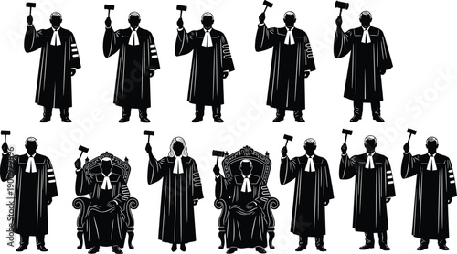 Judge, courtroom, silhouettes, holding, gavel, justice, law, legal, authority, court, decision, trial, judgment, magistrate, judiciary, power, illustration, isolated, background, concept