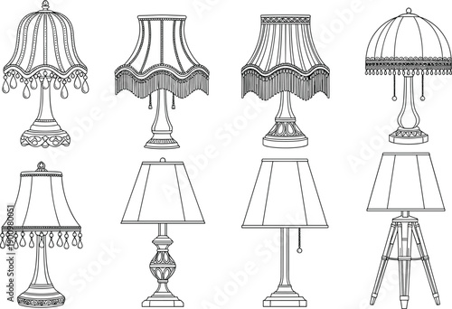 Line art illustration collection of decorative table lamps vintage and modern lamp designs interior lighting fixtures outline drawing isolated on white background