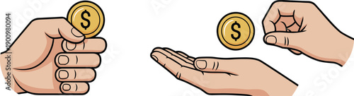 Hand giving and receiving money illustration representing payment, transaction, donation, investment, income, and financial exchange concepts in flat cartoon style isolated on white