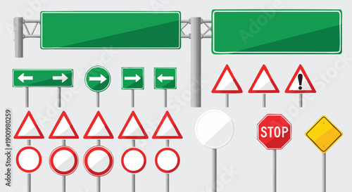 Collection of Flat Design Road Signs and Directional Information for Navigation and Traffic Management.