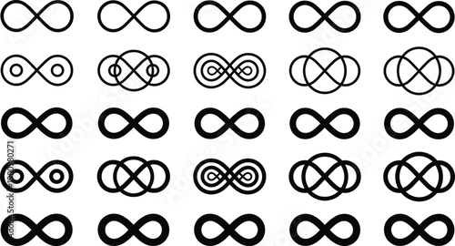 Infinity symbol icon set featuring endless loop, unlimited sign, continuous cycle, and eternal connection concepts in bold black outline and filled styles isolated on white
