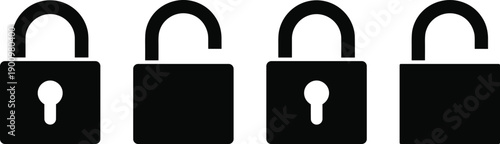 Locked and unlocked padlock icon set representing security, privacy, access control, protection, and safe or open status symbols in bold black style isolated on white background