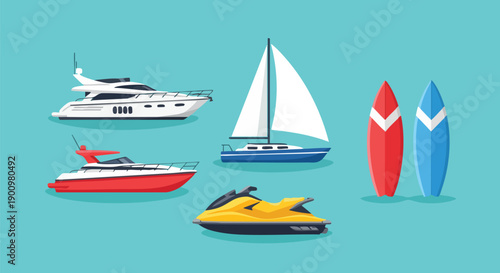 Collection of Recreational Watercraft: Yachts, Sailboat, Jet Ski, and Surfboards.