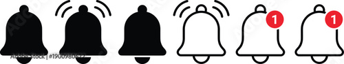 Notification bell icon set showing alert, reminder, ringing, and new message status symbols for apps, websites, and user interface design isolated on white background