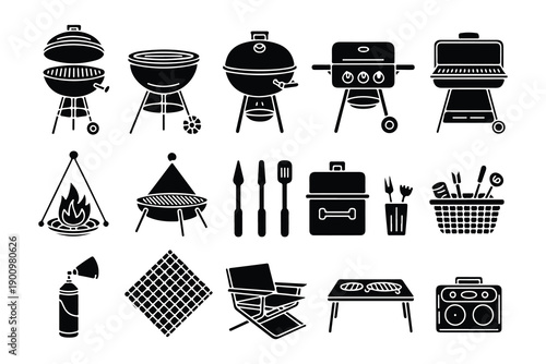 BBQ and Grilling Icons Set – Barbecue Equipment and Outdoor Cooking Vector Illustration