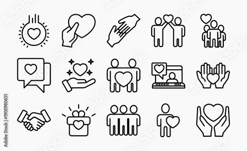 Friendship and love line icons. Interaction, Mutual understanding and assistance business. Trust handshake, social responsibility icons. Linear set. Vector