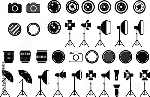 Photography and studio equipment icon set featuring cameras, lenses, flashes, lights, filters, and accessories for professional photo, video, and studio production design isolated on white