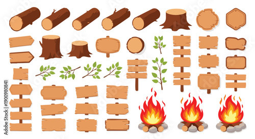 Collection of Wood Elements: Logs, Stumps, Signposts, Branches, and Campfires.