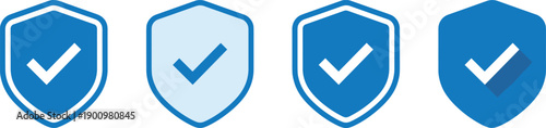Shield check mark icon set representing security, protection, verification, trust, safety approval, and secure system status in modern blue outline and solid styles isolated on white