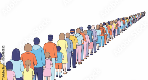 Crowd of diverse people in a long queue, symbolizing waiting, order, and community collaboration.
