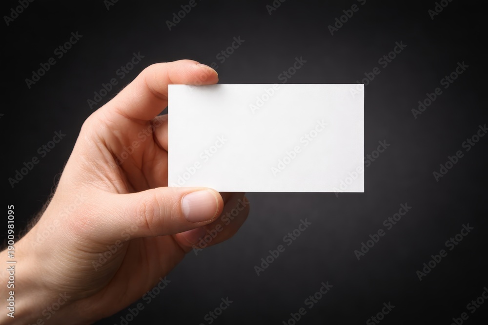 Obraz premium Hand holding a blank white business card against a simple dark background