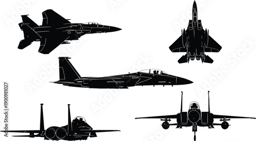 Military fighter jet silhouette collection, modern combat aircraft views, air force aviation illustration, powerful warplane design isolated white background