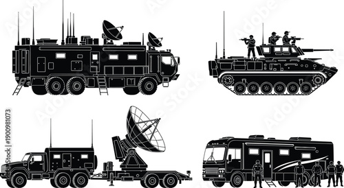 Military command vehicles illustration set, armored communication trucks and tactical units, modern defense equipment, black and white vector design