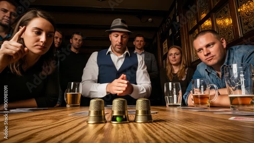 Magician Performs Shell Game with Thimbles and Ball at Table with Spectators