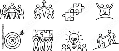 Teamwork and collaboration line icon set illustrating leadership, success, problem solving, goals, innovation, and group support concepts in minimal outline style isolated on white