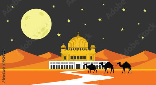 Golden domed mosque nestled in a serene desert landscape, accompanied by a caravan of three camels, all under the enchanting glow of a large full moon and twinkling stars at