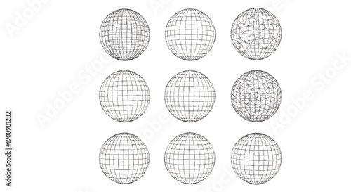 Geometric Globe Wireframes: A Set of Networked and Gridded Sphere Concepts.