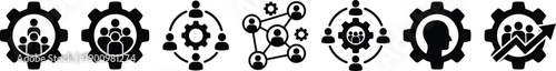 Teamwork, leadership, and business growth icon set illustrating people collaboration, system workflow, management strategy, innovation, and organizational 