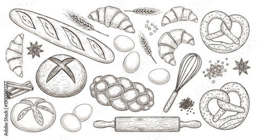 Hand-drawn Bakery Collection: Fresh Bread, Croissants, Pretzels, and Baking Tools for Gastronomy and Culinary Designs.