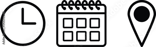 Time, calendar, and location pin outline icon set representing scheduling, appointments, deadlines, reminders, and place marking concepts in minimal black line style isolated on white