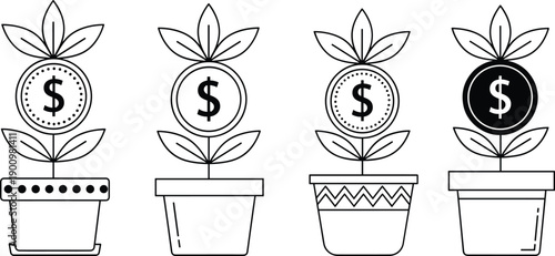 Money plant in pot illustration, financial growth concept, investment savings idea, wealth increase symbol, business profit metaphor vector